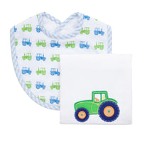 Cotton bib for baby boy with blue and green tractor print fabric and blue gingham check trim and burp cloth with tractor applique, 3 Marthas