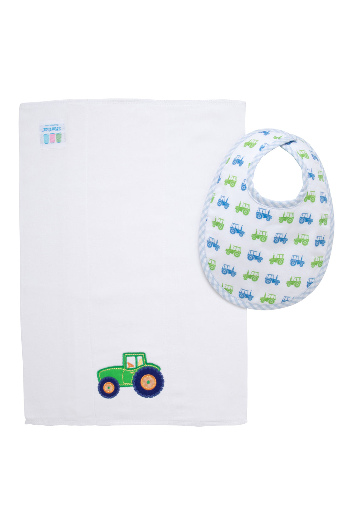 Cotton bib for baby boy with blue and green tractor print fabric and blue gingham check trim and burp cloth with tractor applique, 3 Marthas