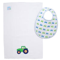 Cotton bib for baby boy with blue and green tractor print fabric and blue gingham check trim and burp cloth with tractor applique, 3 Marthas