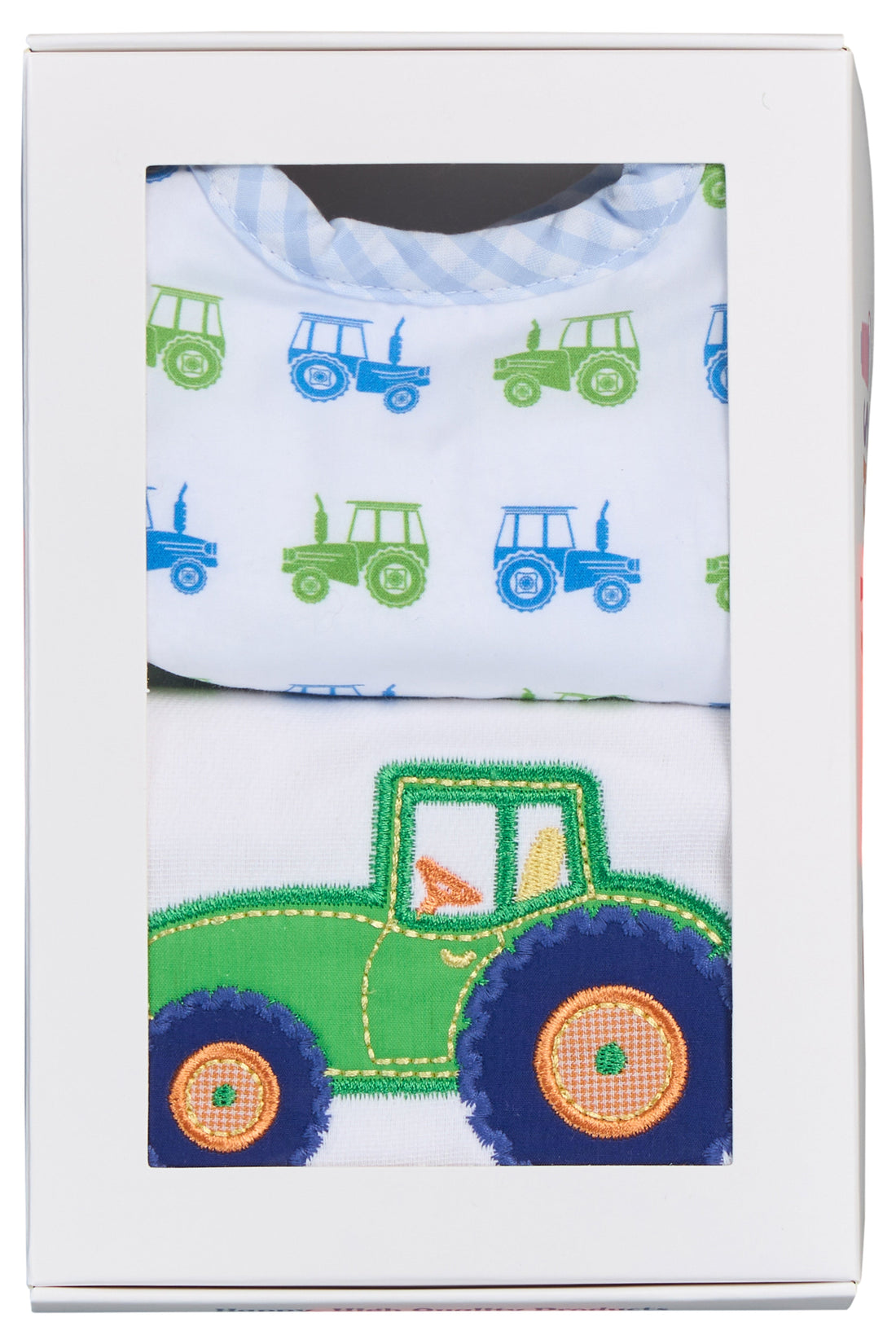 Cotton bib for baby boy with blue and green tractor print fabric and blue gingham check trim and burp cloth with tractor applique, 3 Marthas