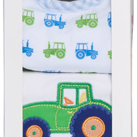 Cotton bib for baby boy with blue and green tractor print fabric and blue gingham check trim and burp cloth with tractor applique, 3 Marthas