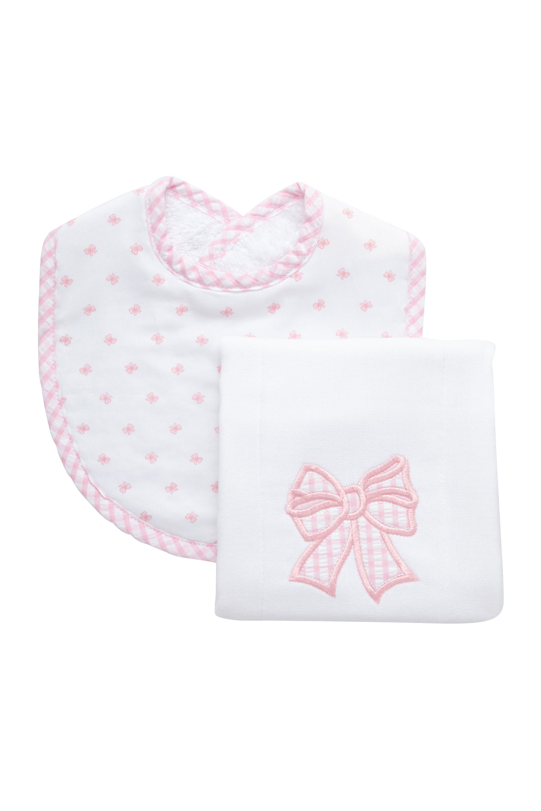 Cotton bib for baby girl with pink bow print and pink gingham check fabric and burp with bow applique, 3 Marthas