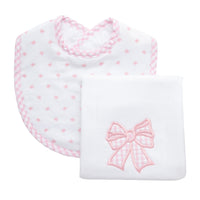 Cotton bib for baby girl with pink bow print and pink gingham check fabric and burp with bow applique, 3 Marthas