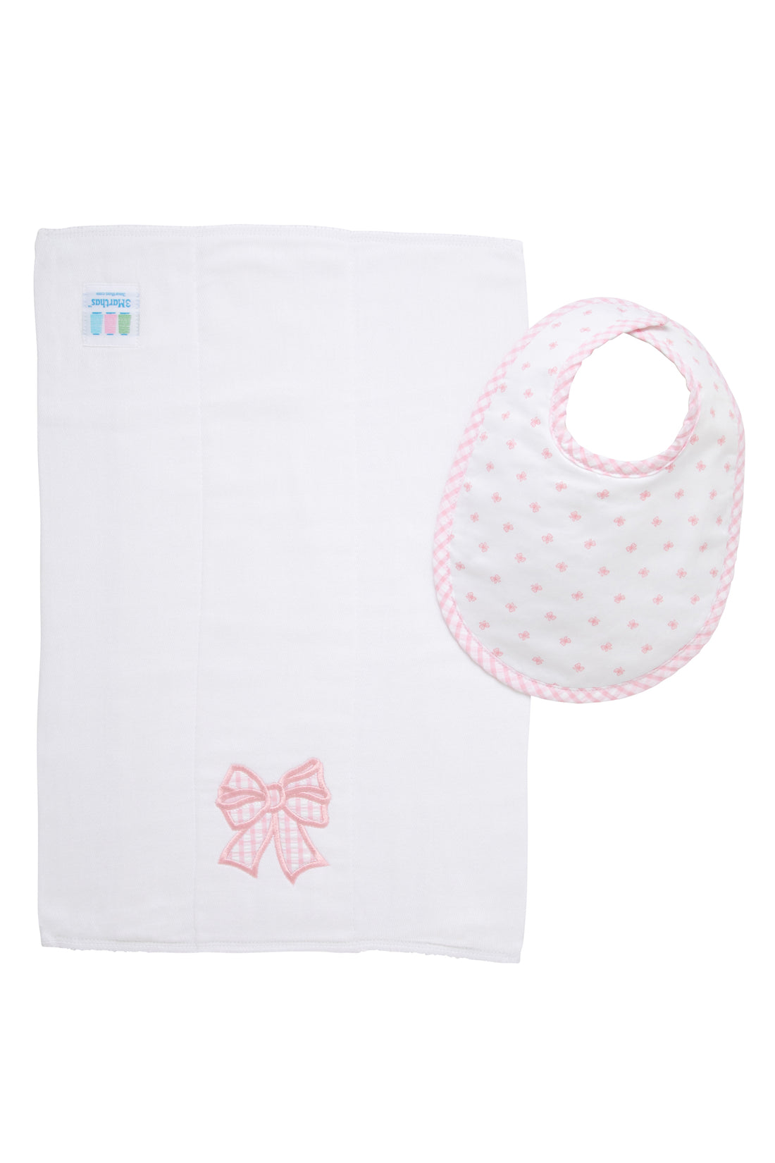 Cotton bib for baby girl with pink bow print and pink gingham check fabric and burp with bow applique, 3 Marthas
