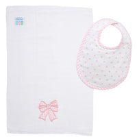 Cotton bib for baby girl with pink bow print and pink gingham check fabric and burp with bow applique, 3 Marthas