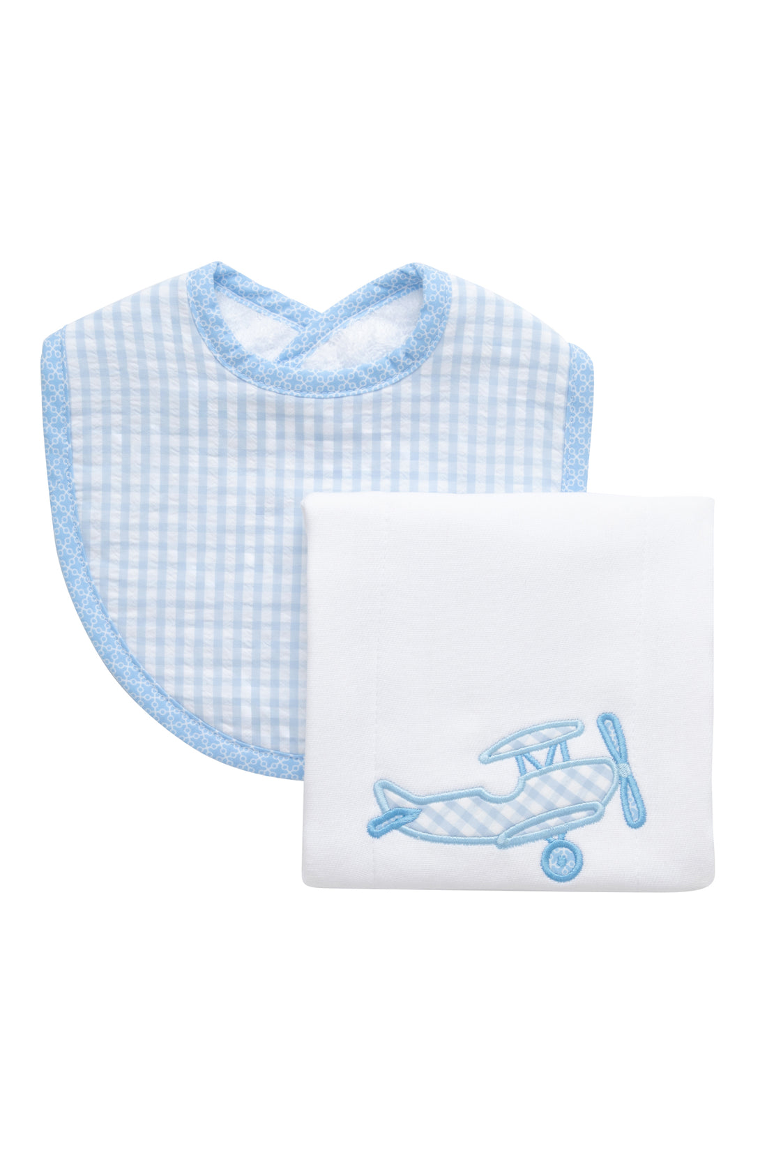 Cotton bib for baby with blue gingham check and burp with airplane applique, 3 Marthas