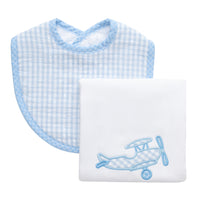 Cotton bib for baby with blue gingham check and burp with airplane applique, 3 Marthas