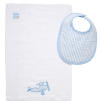 Cotton bib for baby with blue gingham check and burp with airplane applique, 3 Marthas