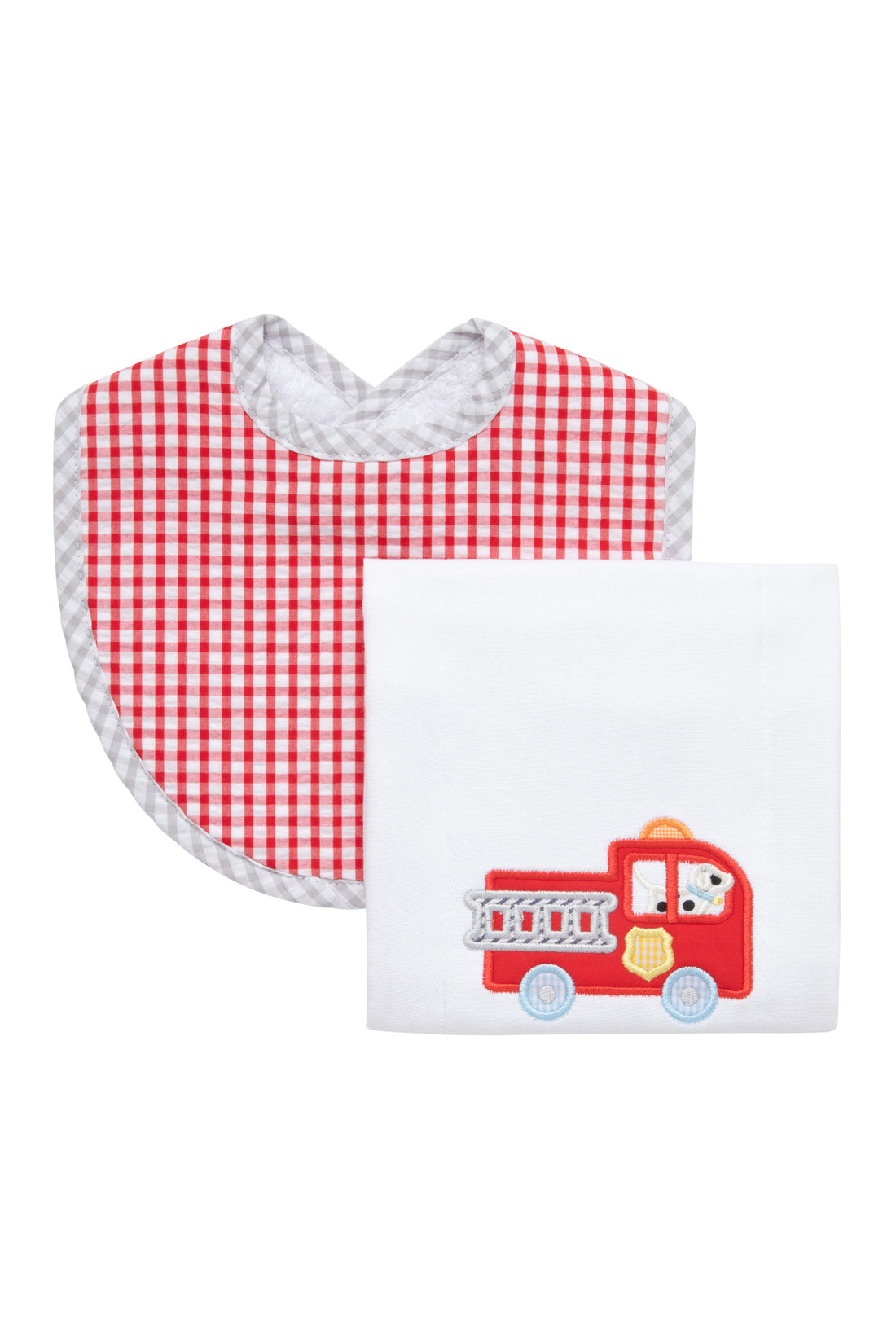 Cotton bib for baby boy with red gingham check fabric and gray trim and burp cloth with fire truck and puppy applique, 3 Marthas