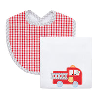 Cotton bib for baby boy with red gingham check fabric and gray trim and burp cloth with fire truck and puppy applique, 3 Marthas