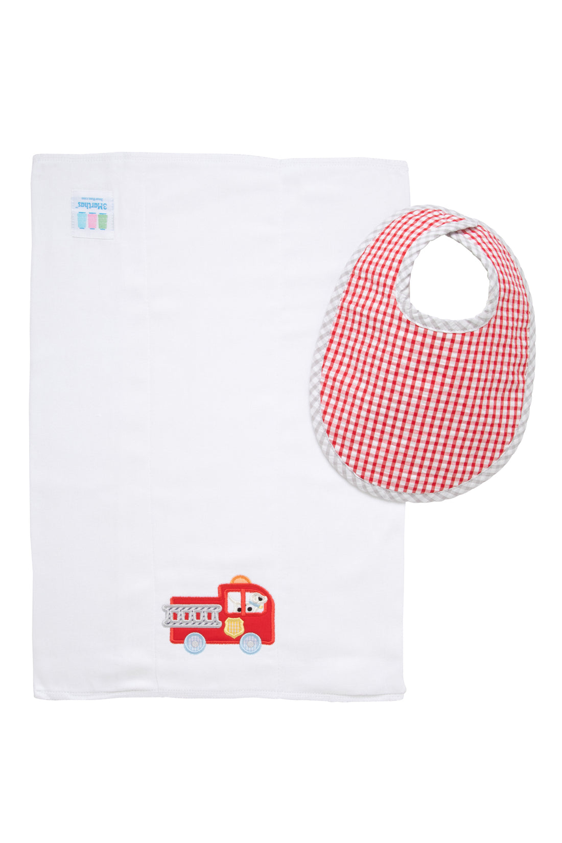 Cotton bib for baby boy with red gingham check fabric and gray trim and burp cloth with fire truck and puppy applique, 3 Marthas