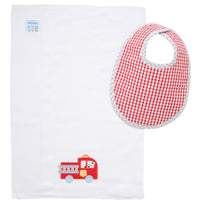 Cotton bib for baby boy with red gingham check fabric and gray trim and burp cloth with fire truck and puppy applique, 3 Marthas
