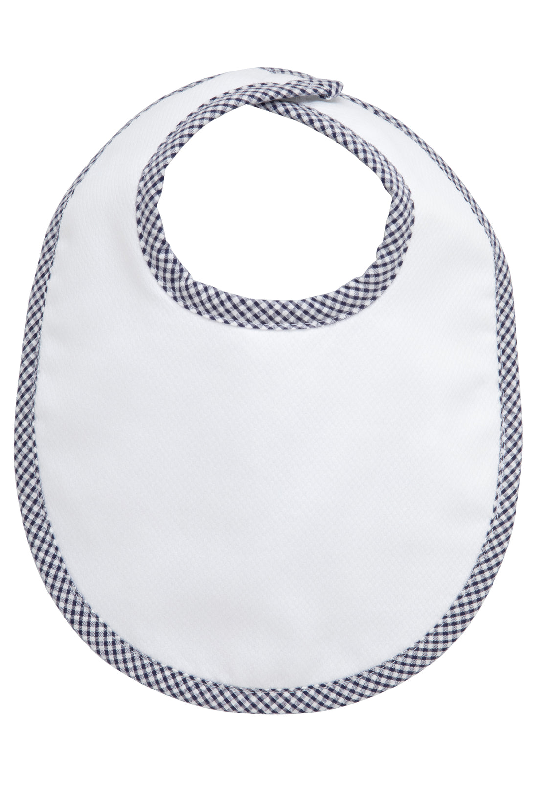 Cotton pique and terry bib with navy small gingham check trim, 3 Marthas