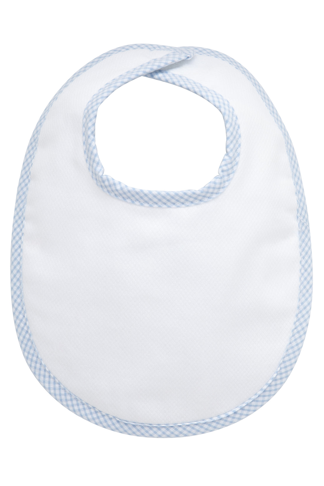 Cotton pique and terry bib with blue small gingham check trim, 3 Marthas