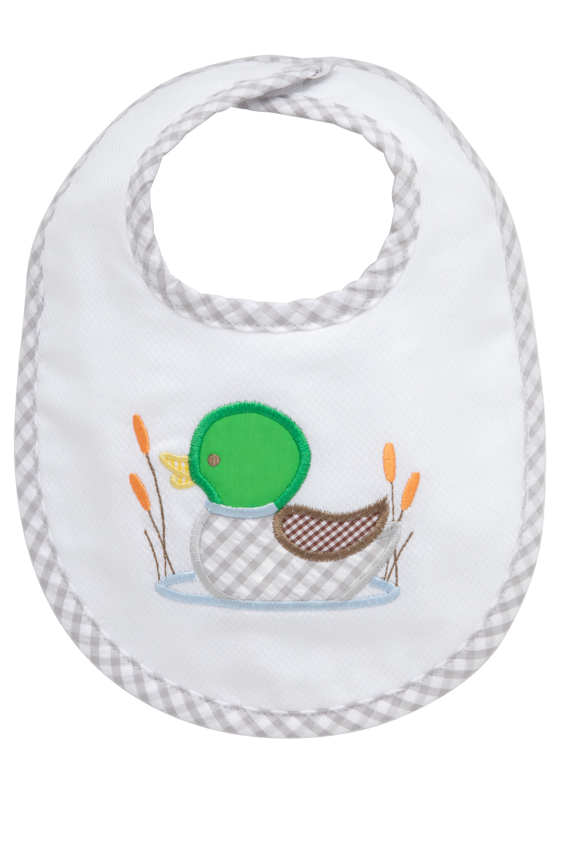 Cotton pique and terry bib with green, gray, and brown gingham check mallard applique, 3 Marthas