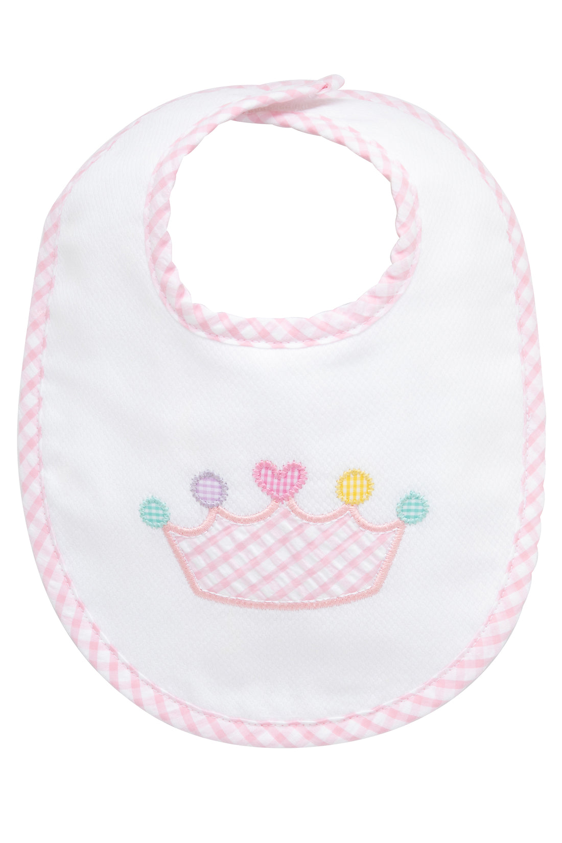 Cotton pique and terry bib with pink gingham check crown applique, 3 Marthas
