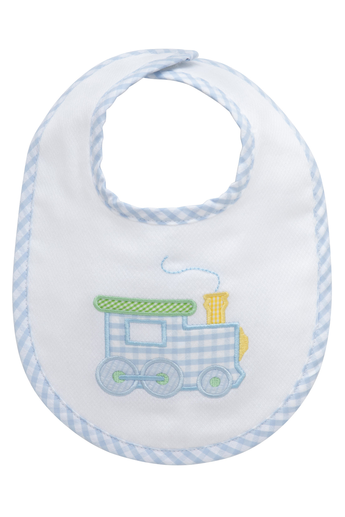Cotton pique and terry bib with blue gingham check train applique, 3 Marthas