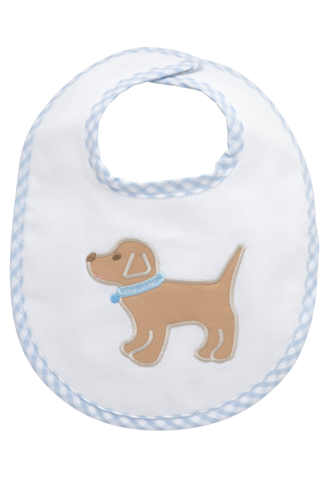 Cotton pique and terry bib with lab puppy applique and blue gingham check trim, 3 Marthas