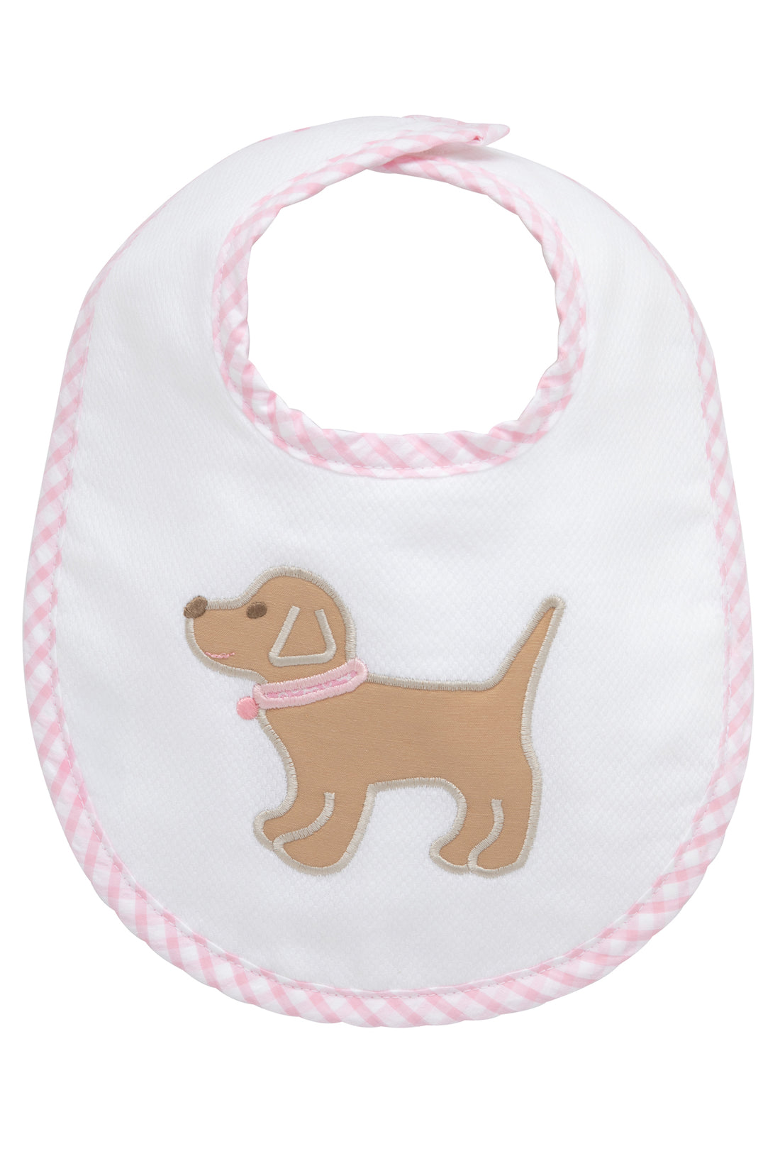 Cotton pique and terry bib with lab puppy applique and pink gingham check trim, 3 Marthas