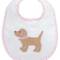 Cotton pique and terry bib with lab puppy applique and pink gingham check trim, 3 Marthas