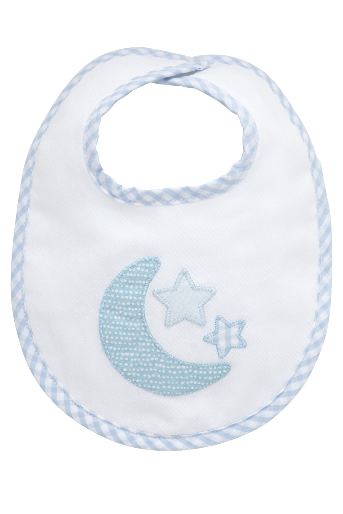 Cotton pique and terry bib with blue crescent moon and gingham check star appliques, 3 Marthas