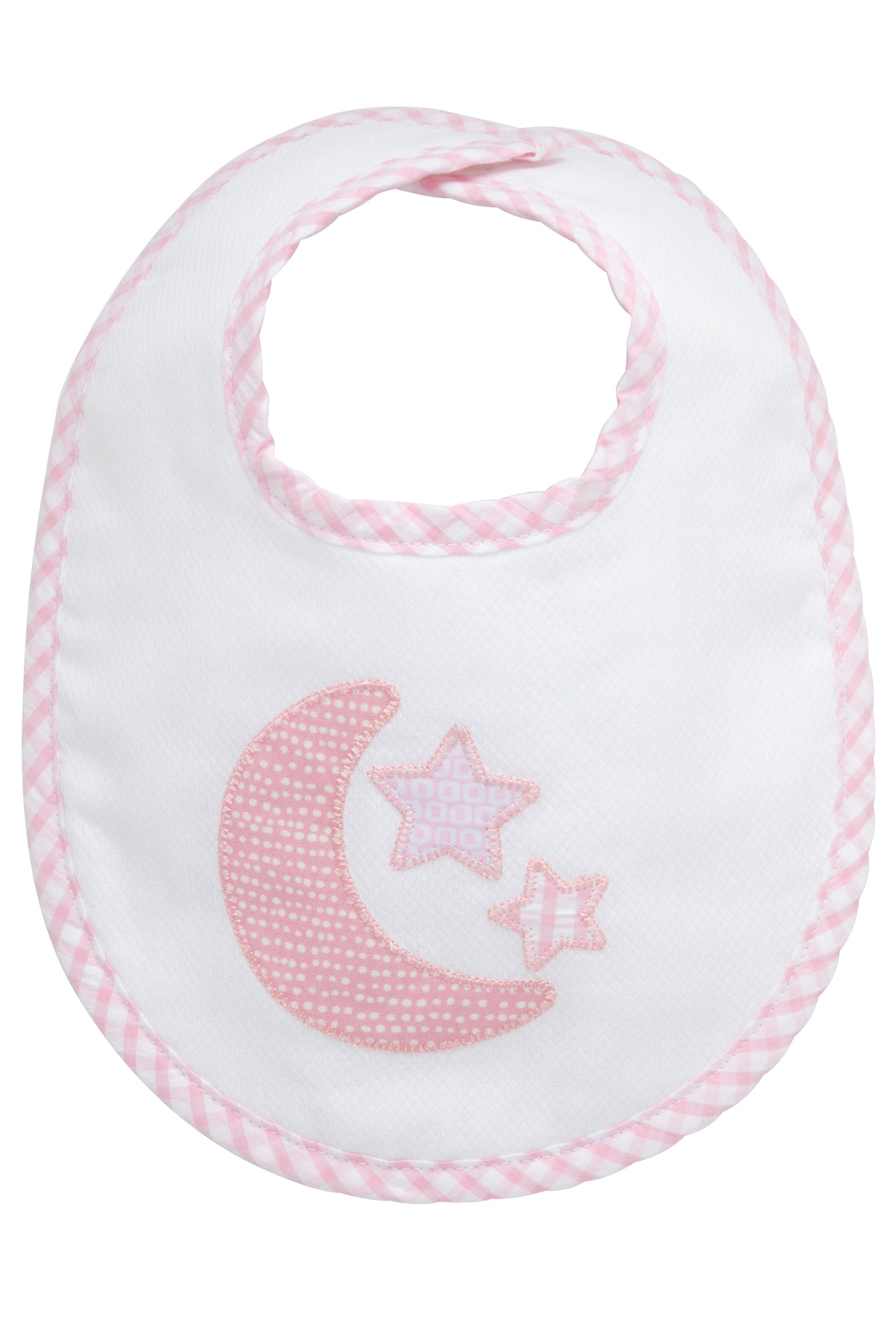 Cotton pique and terry bib with pink crescent moon and gingham check star appliques, 3 Marthas
