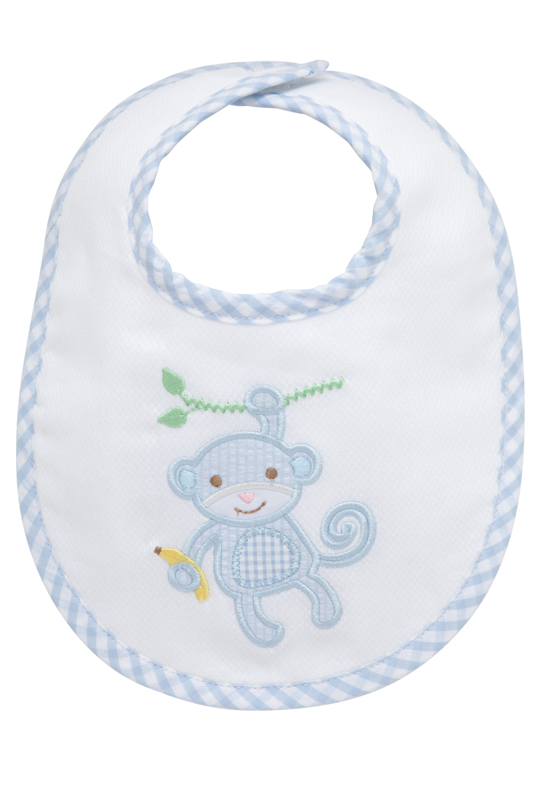 Cotton pique and terry bib with blue seersucker and gingham check monkey applique, 3 Marthas
