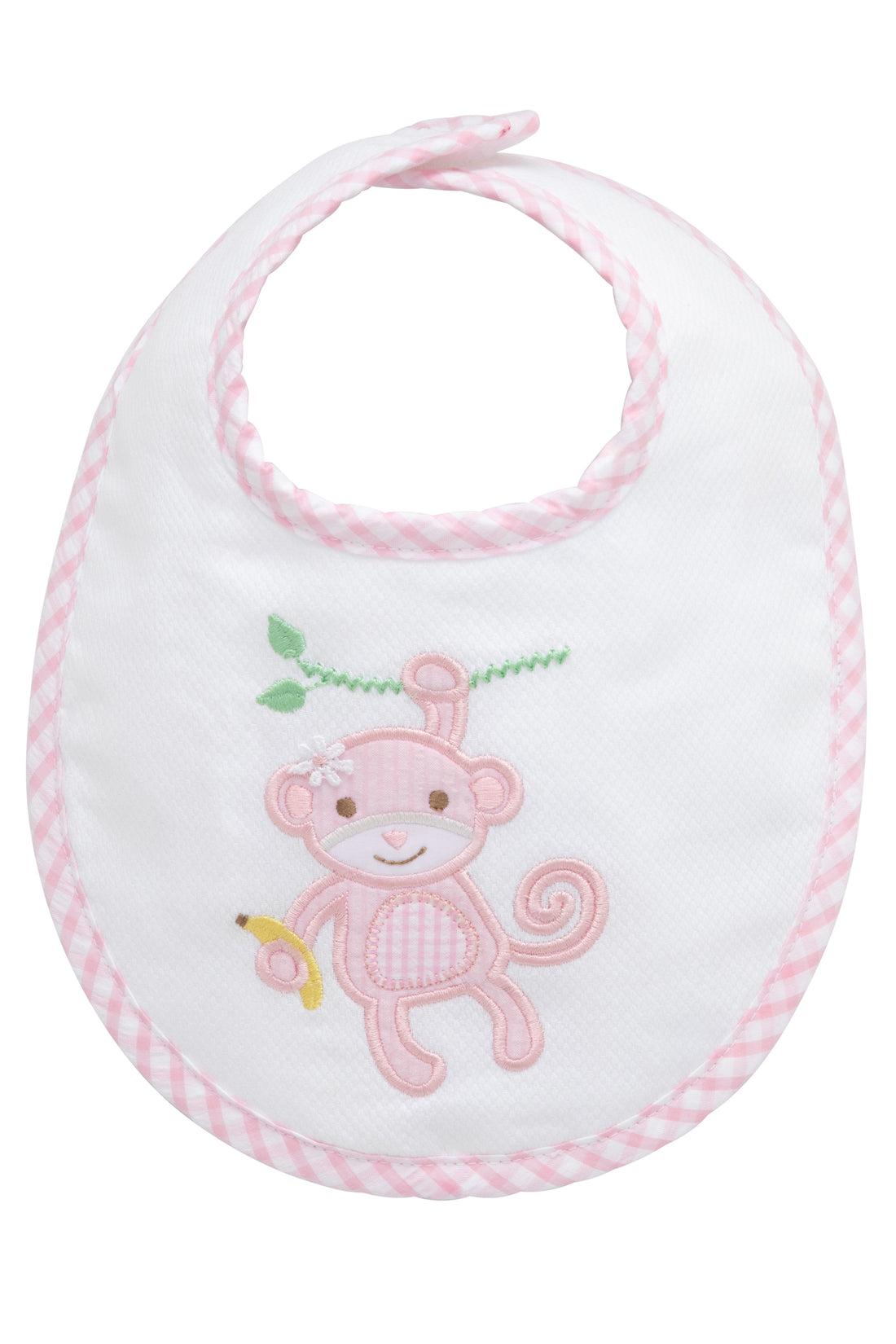 Cotton pique and terry bib with pink seersucker and gingham check monkey applique, 3 Marthas