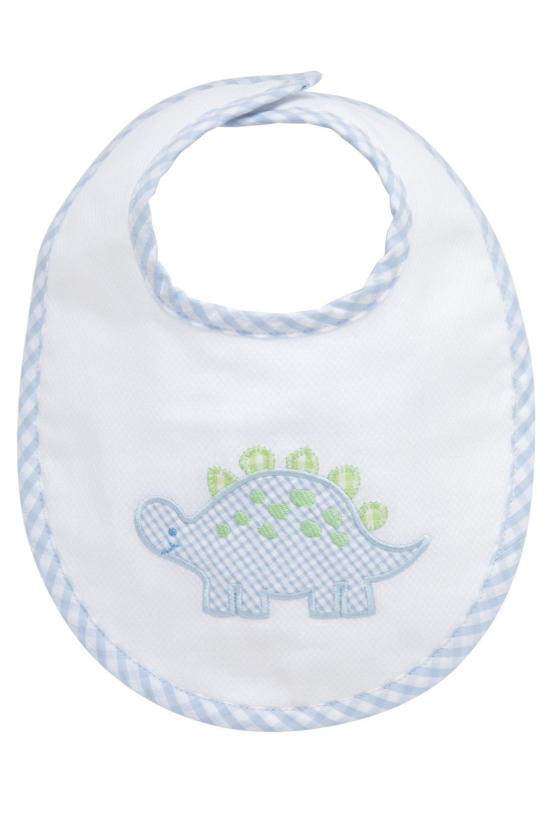 Cotton pique and terry bib with blue and green gingham dinosaur applique, 3 Marthas