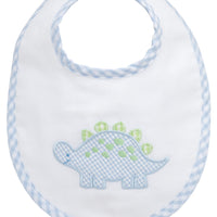 Cotton pique and terry bib with blue and green gingham dinosaur applique, 3 Marthas