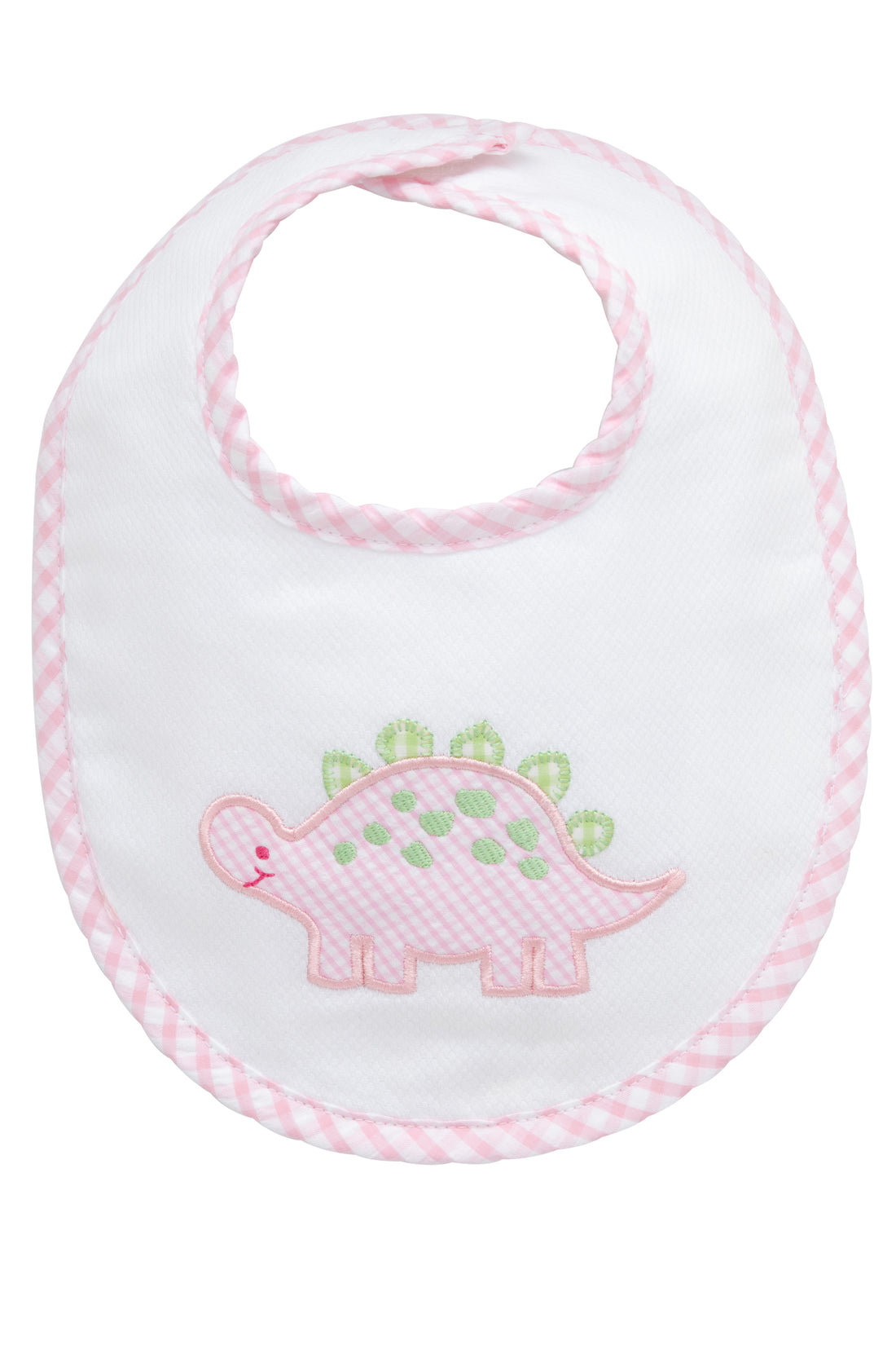 Cotton pique and terry bib with pink and green gingham dinosaur applique, 3 Marthas