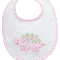 Cotton pique and terry bib with pink and green gingham dinosaur applique, 3 Marthas