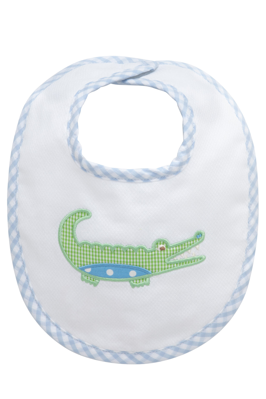 Cotton pique and terry bib with green gingham check and blue dot alligator applique, 3 Marthas