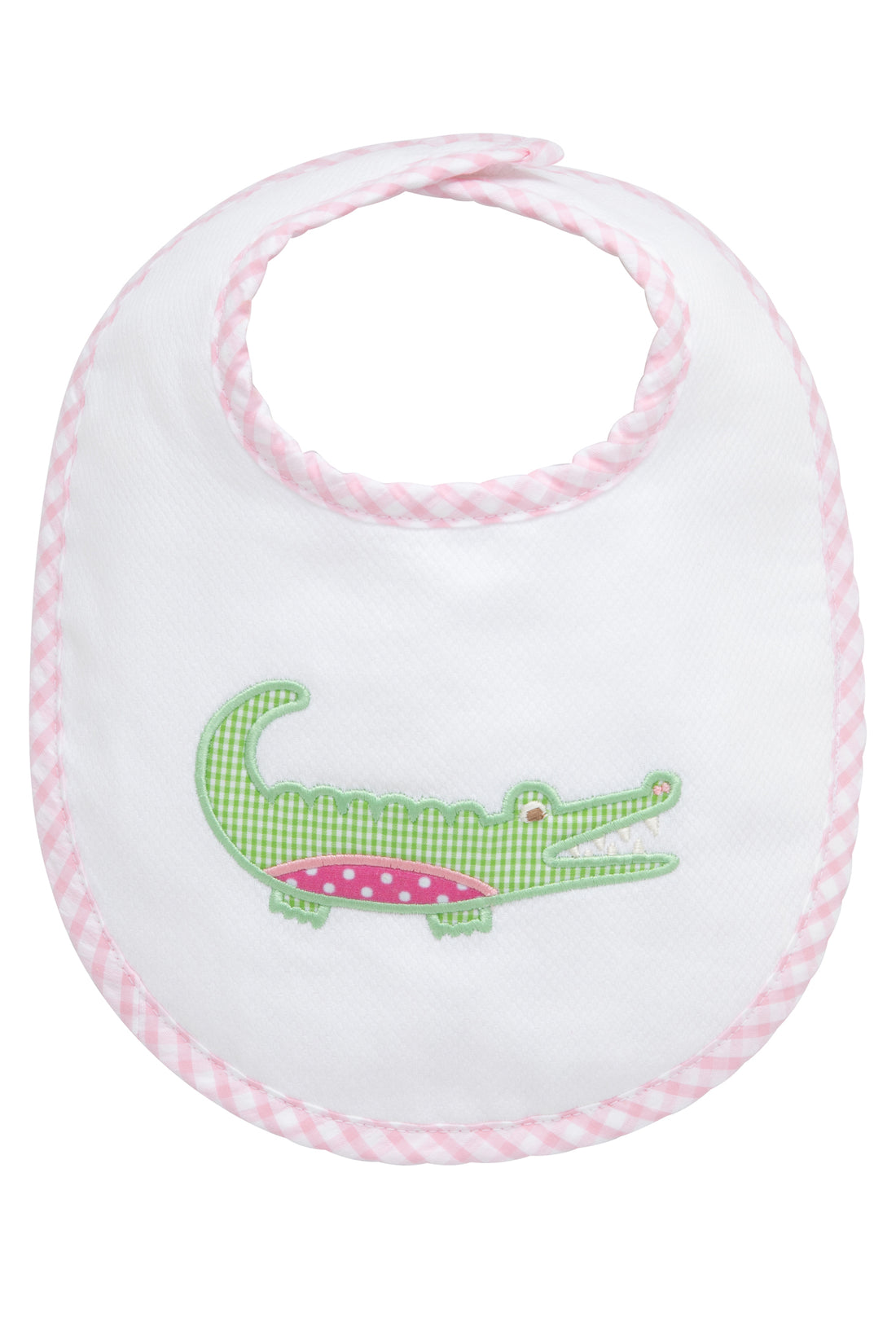 Cotton pique and terry bib with green gingham check and pink dot alligator applique, 3 Marthas