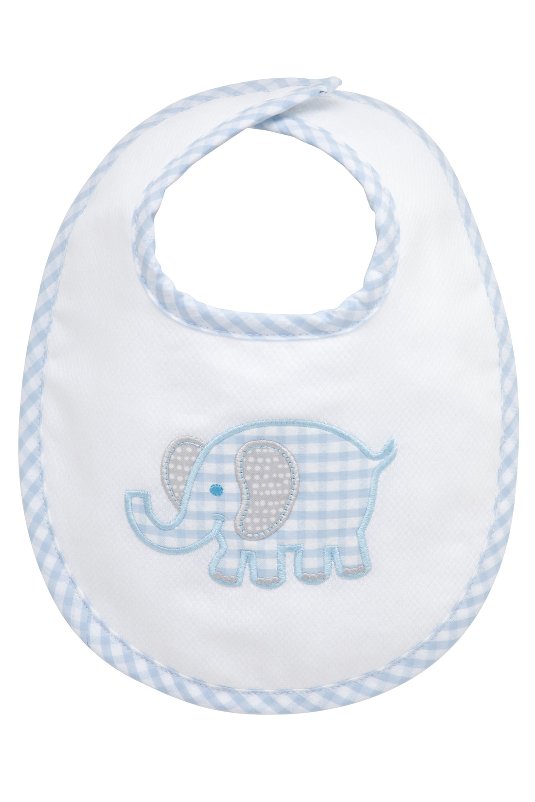 Cotton pique and terry bib with blue gingham check and gray dot elephant applique, 3 Marthas