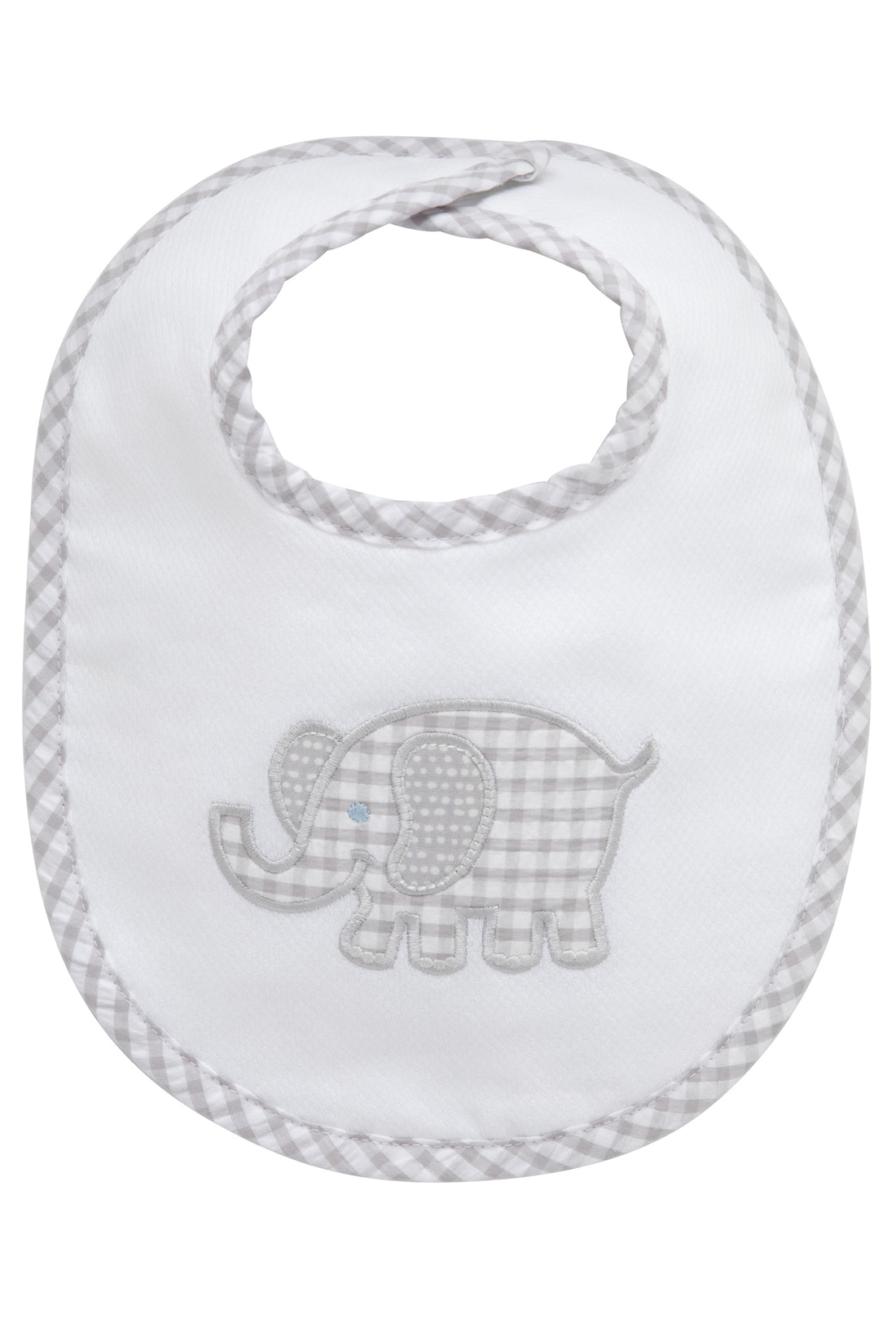 Cotton pique and terry bib with gray gingham check and gray dot elephant applique, 3 Marthas