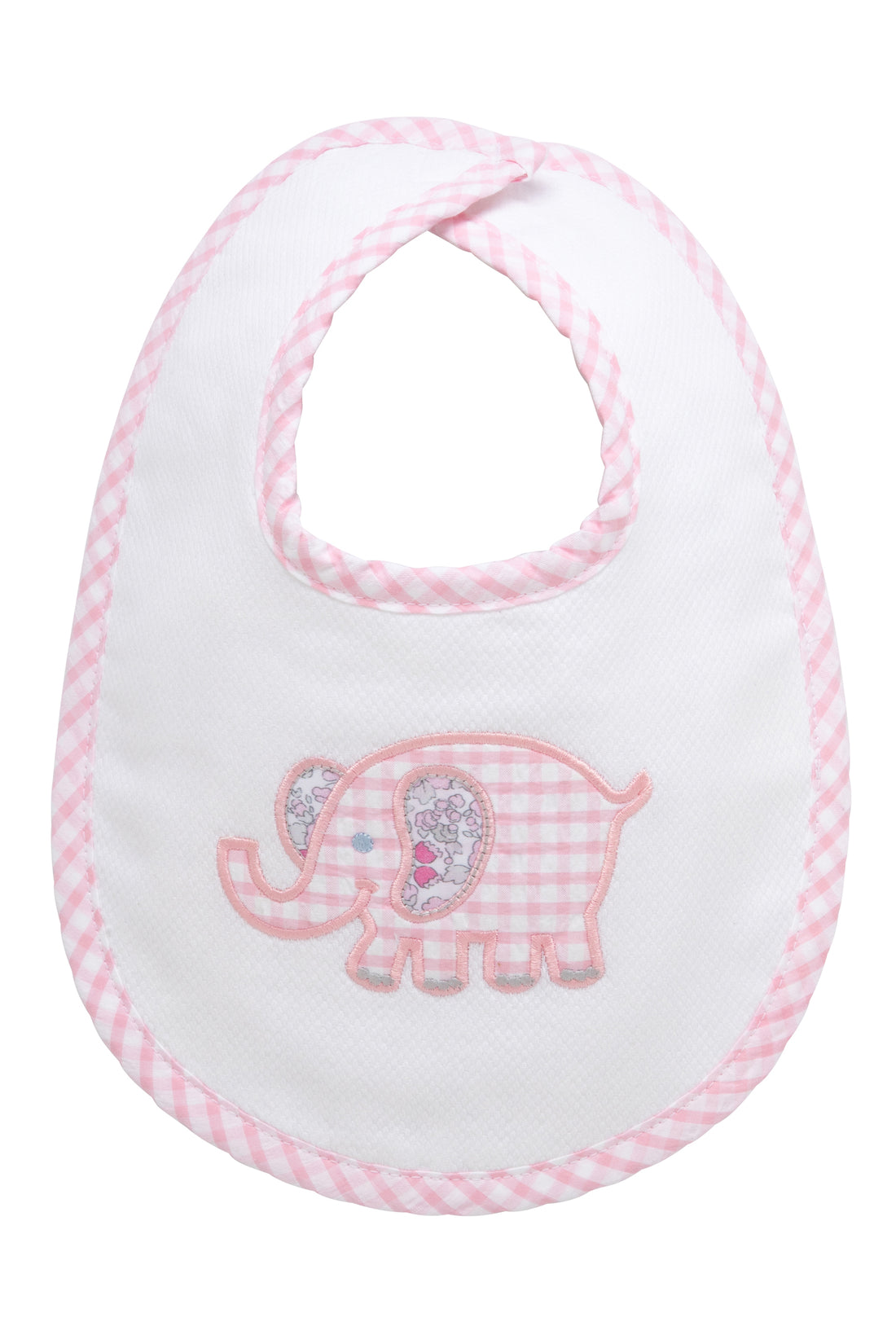 Cotton pique and terry bib with pink gingham check and floral elephant applique, 3 Marthas