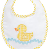 Cotton pique and terry bib with yellow gingham check duck applique and blue ric rac, 3 Marthas