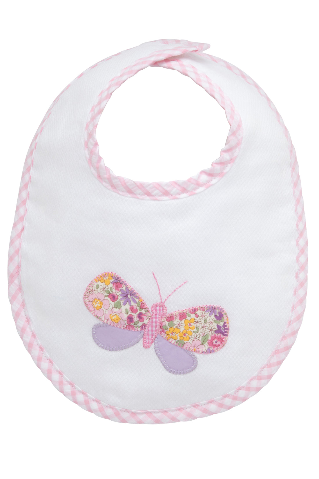 Cotton pique and terry bib with pink and purple patterned butterfly applique, 3 Marthas