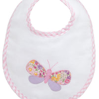 Cotton pique and terry bib with pink and purple patterned butterfly applique, 3 Marthas