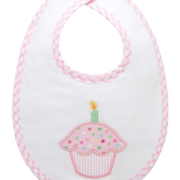 Baby bib with cupcake design and pink trim on a white background, 3 Marthas