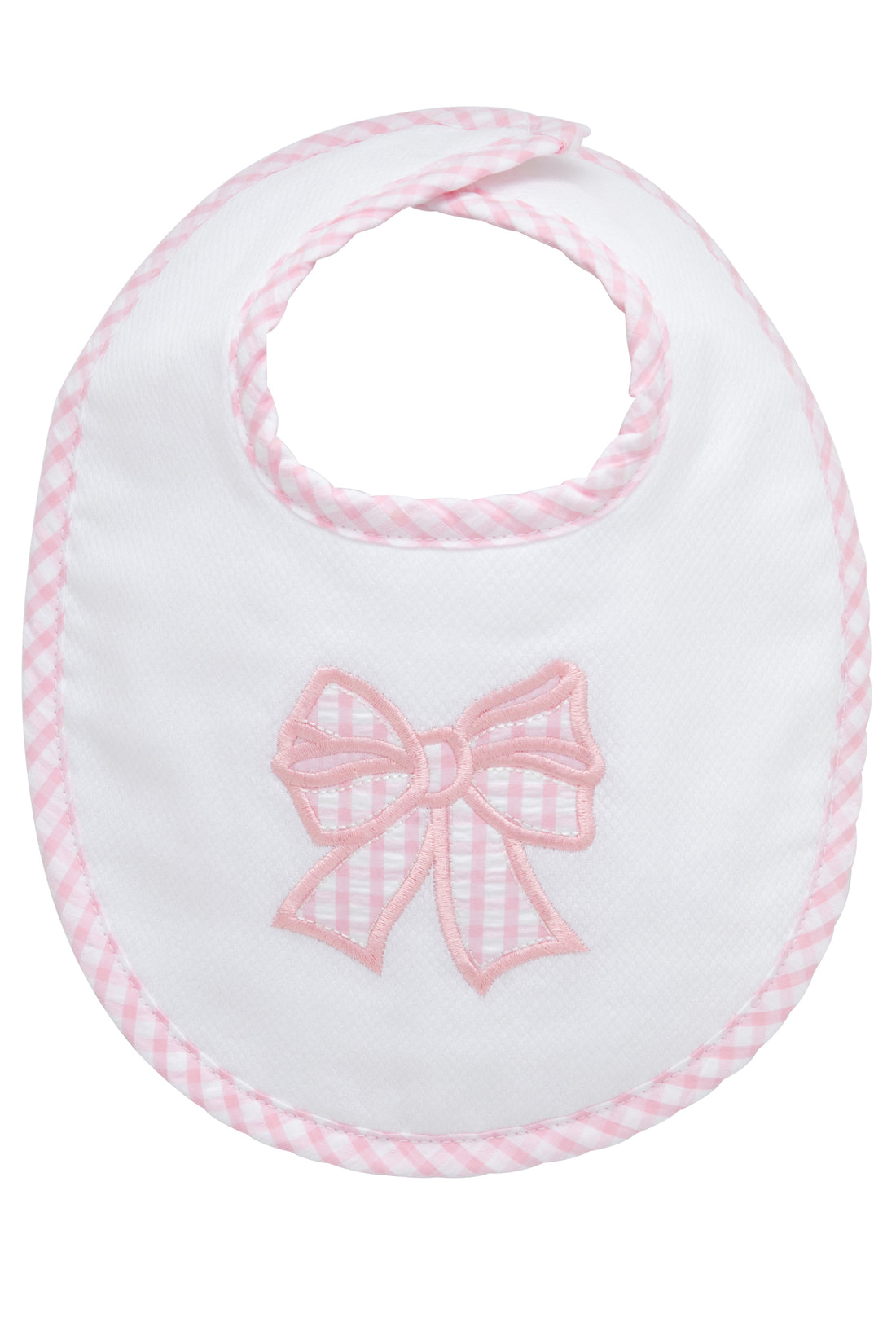 Cotton pique and terry bib with pink gingham bow applique, 3 Marthas