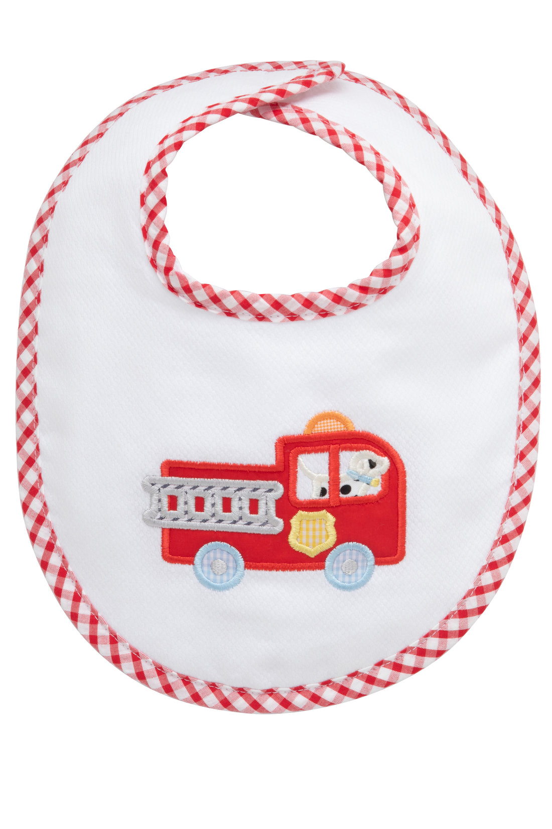 Cotton pique and terry bib with red fire truck and Dalmatian applique, 3 Marthas