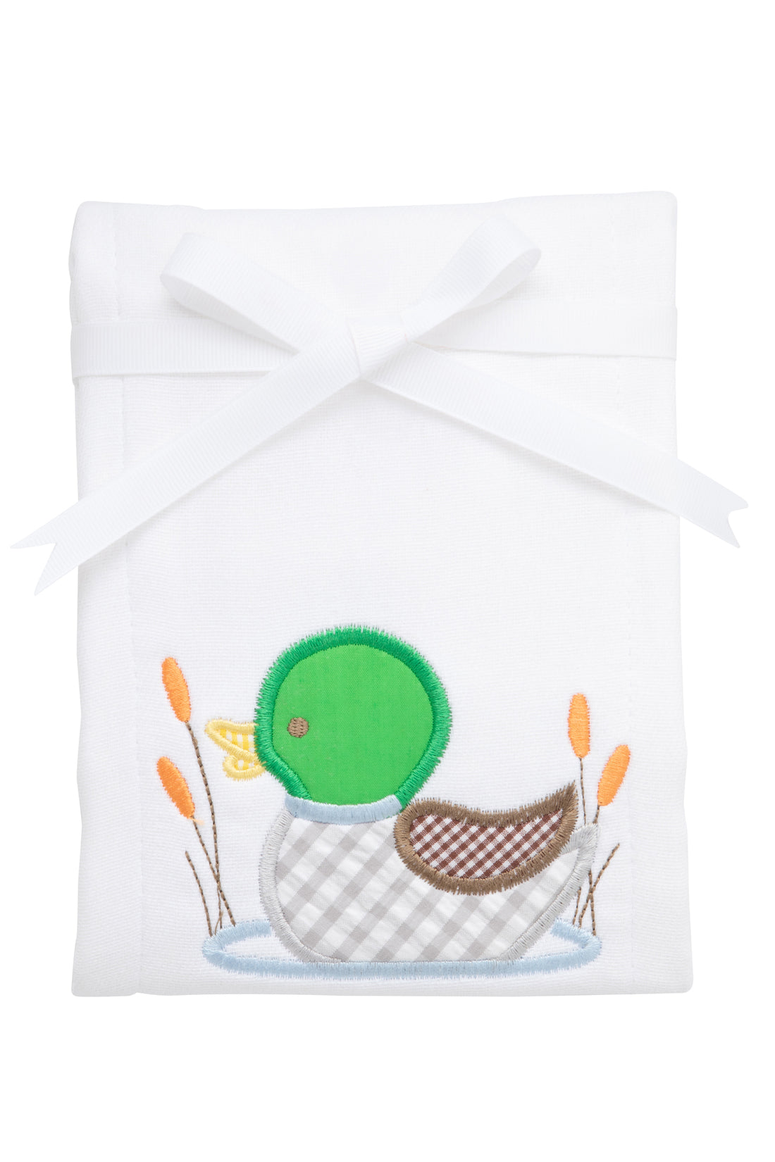 Cotton burp cloth for baby with green, gray, and brown gingham check mallard duck applique, 3 Marthas