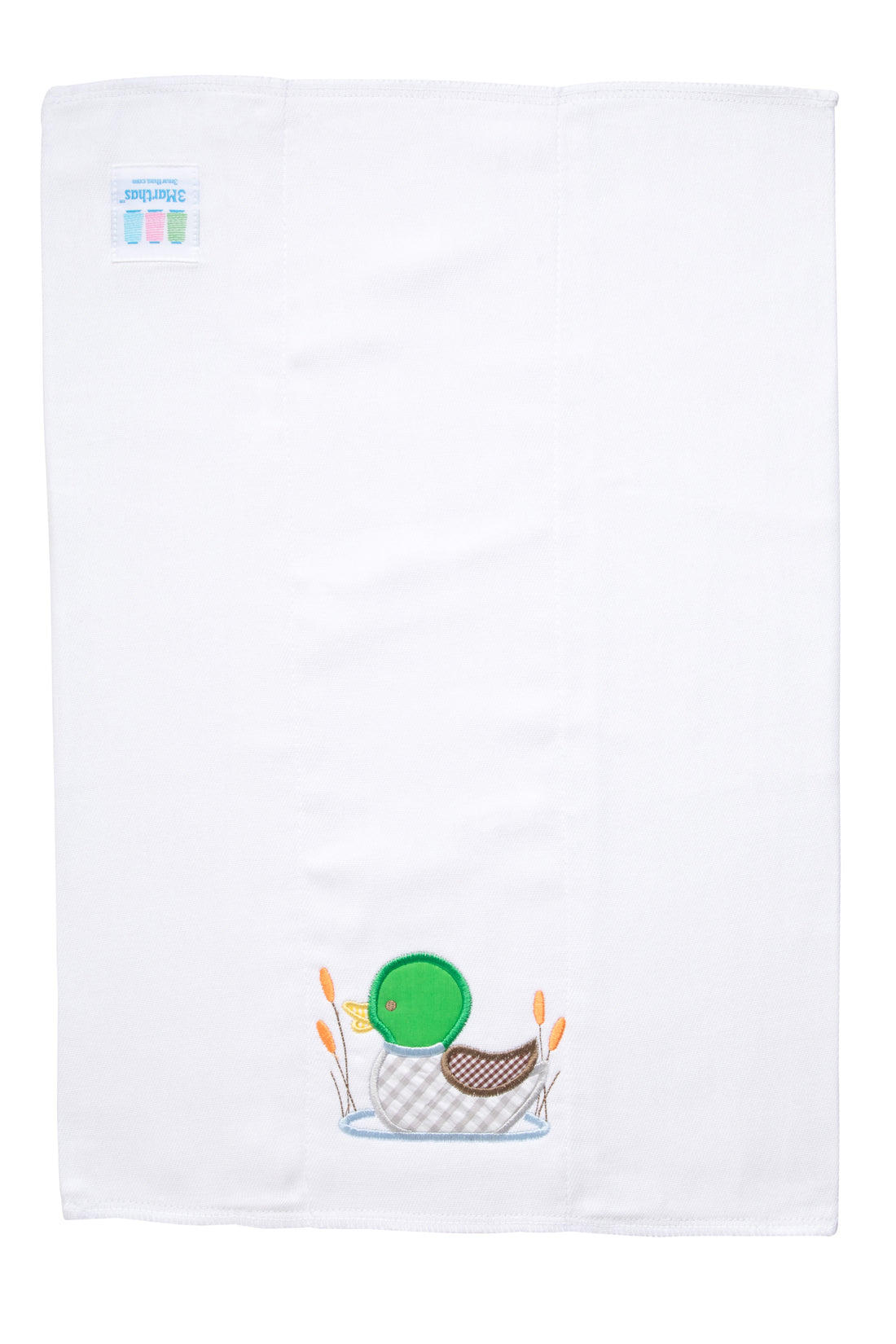 Cotton burp cloth for baby with green, gray, and brown gingham check mallard duck applique, 3 Marthas
