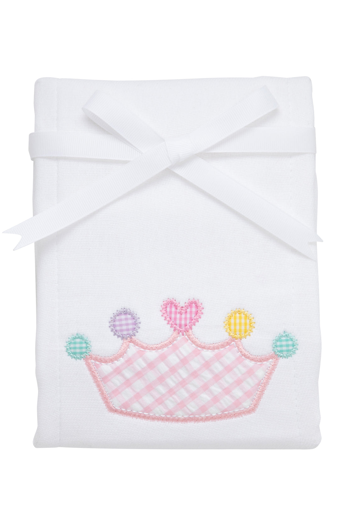 Cotton burp cloth for baby girl with pink gingham check crown applique, 3 Marthas