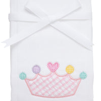 Cotton burp cloth for baby girl with pink gingham check crown applique, 3 Marthas