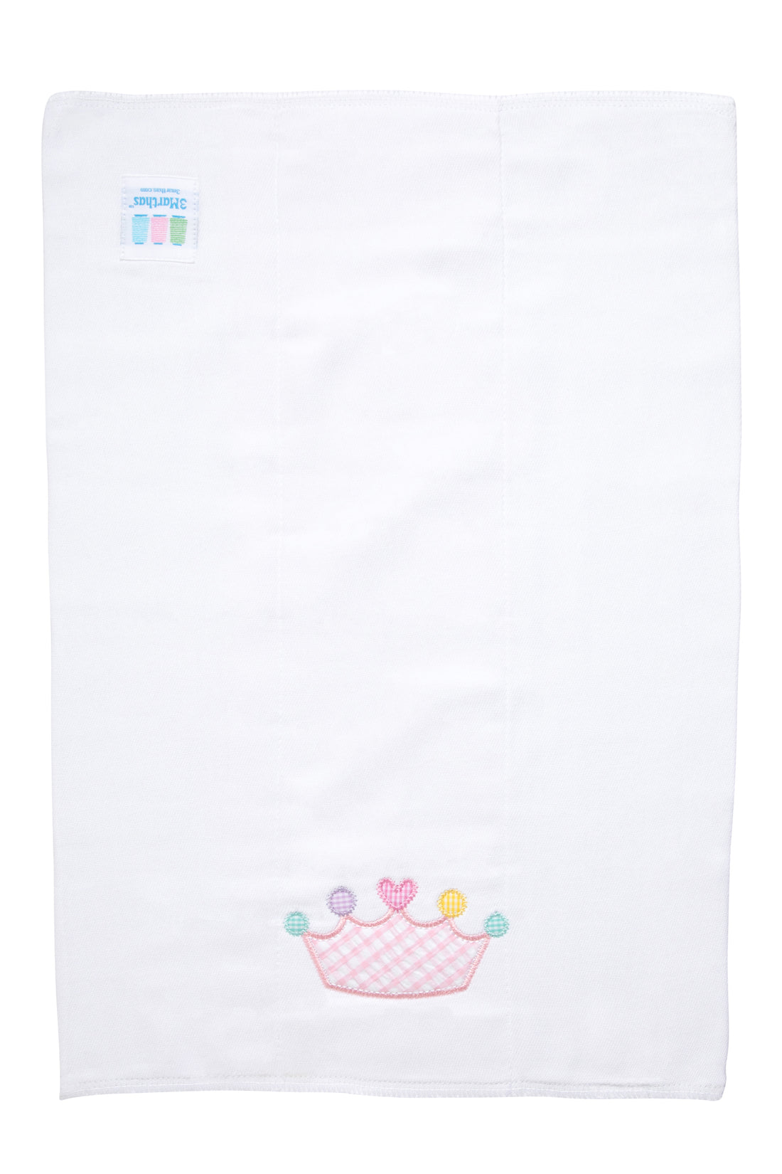 Cotton burp cloth for baby girl with pink gingham check crown applique, 3 Marthas