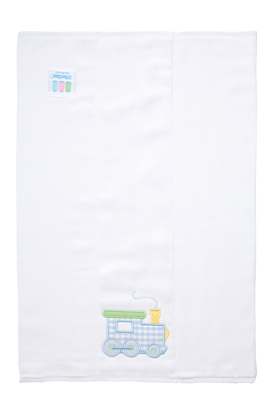 Cotton burp cloth for baby boy with blue and green gingham check train applique, 3 Marthas