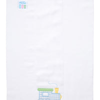 Cotton burp cloth for baby boy with blue and green gingham check train applique, 3 Marthas